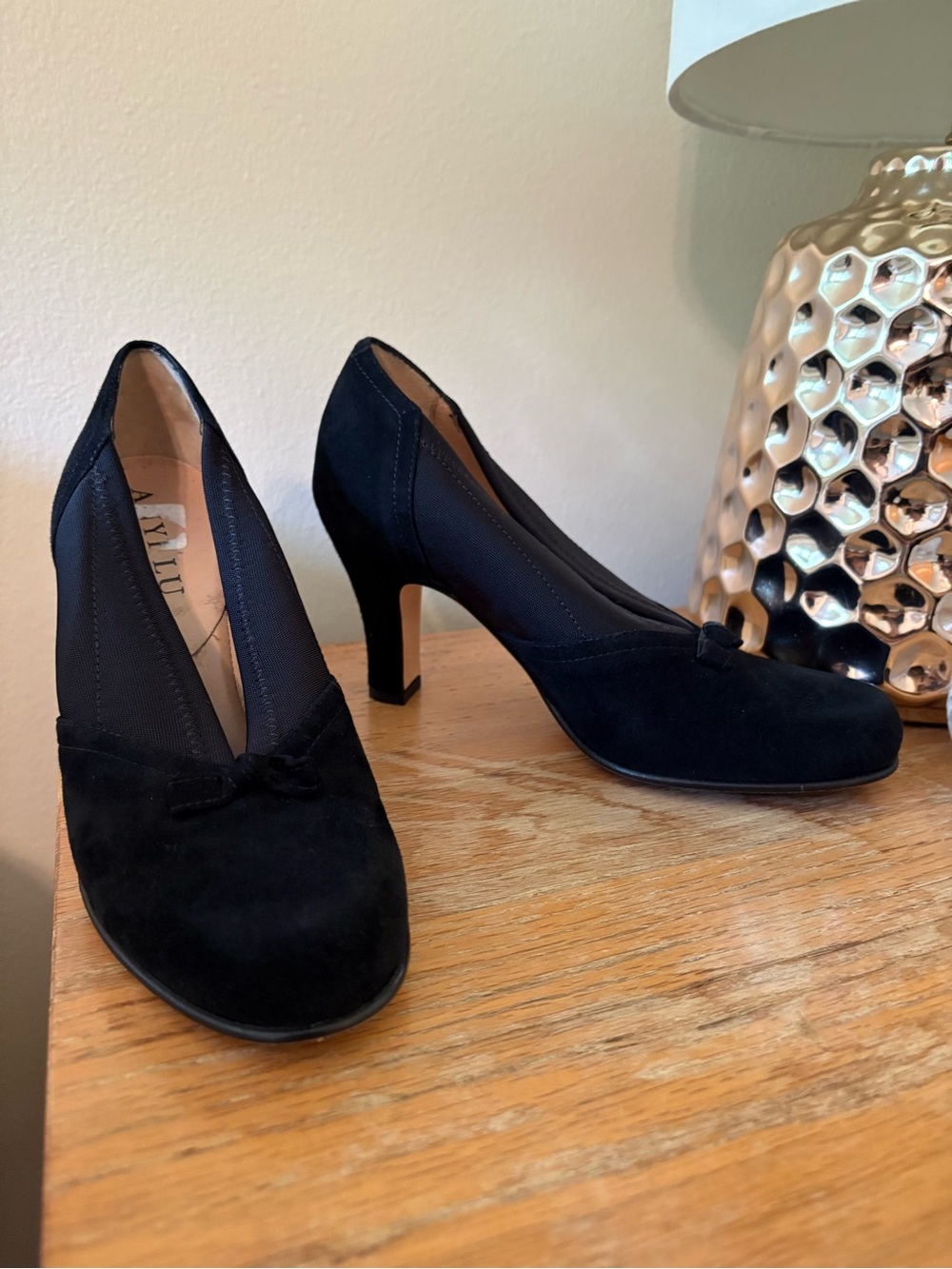 Anyi Lu Black Suede Mid Heel Pump with Toe Bow